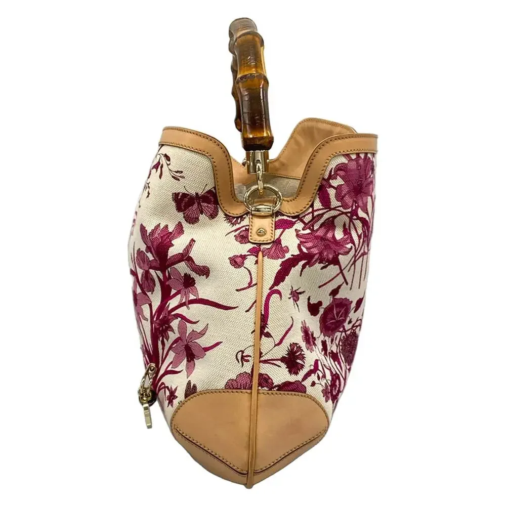 Gucci Flora/Bamboo Handbag 169961 Bordeaux Cream Beige Canvas Leather